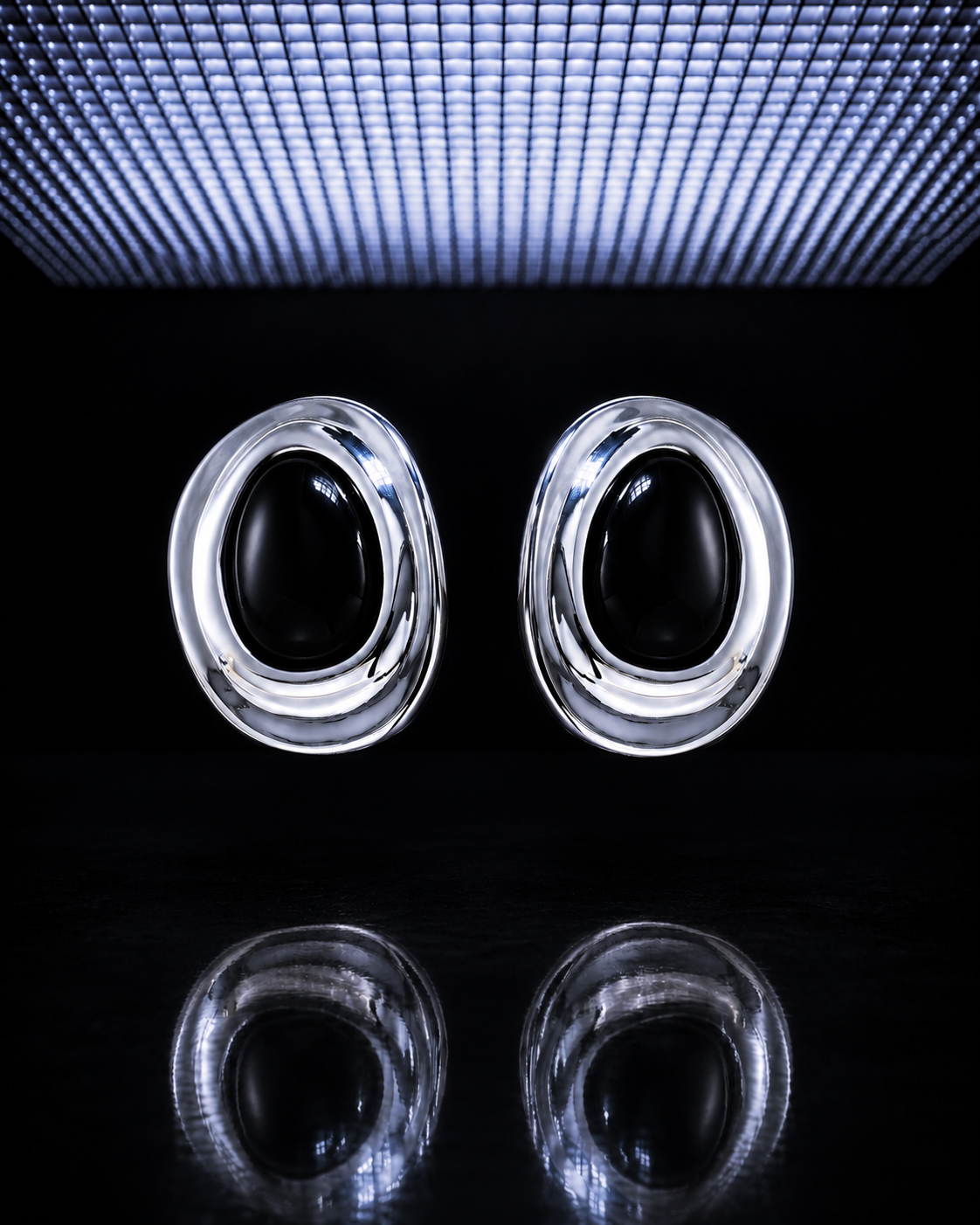 The Noir Earrings by Mercer Street in 18k white gold plated brass with black onyx — view 1